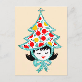 Cartão Postal De Festividades Garota de Natal Vintage Fofo com Chapéu de Árvore
