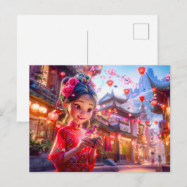 Cartão Postal De Festividades Garota de Quadrinhos com Fantasia de Dragão de Peq