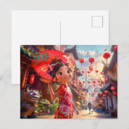 Cartão Postal De Festividades Garota de Quadrinhos com Guarda-Sol em Cena Ensola