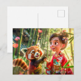 Cartão Postal De Festividades Garota de Quadrinhos com Panda Vermelho em Cena Di