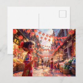 Cartão Postal De Festividades Garota de Quadrinhos com Tigela de Porcelana de Mo