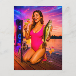 Cartão Postal De Festividades Garota do partido pescando coquetel e música