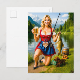 Cartão Postal De Festividades Garota engraçada pescando com traje tradicional bá