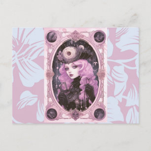 Cartão Postal De Festividades Garota Gótica Cabelo Roxo Fundo Rosa Halloween