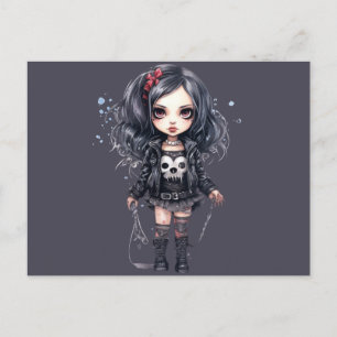 Cartão Postal De Festividades Garota Gótica Negra e Cinza Halloween