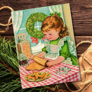 Cartão Postal De Festividades Garota Natal vintage De 1950 Fazendo Cookies