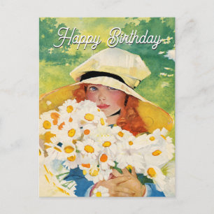Cartão Postal De Festividades Garota Vintage com Margaridas