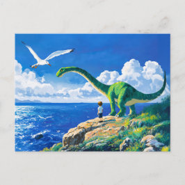 Cartão Postal De Festividades Garoto anime Brachiosaurus com vista para o mar