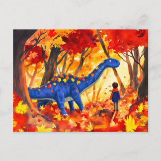 Cartão Postal De Festividades Garoto anime caminhando na floresta de outono de d