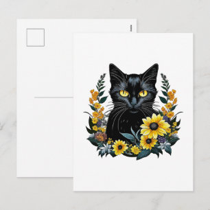 Cartão Postal De Festividades gata preta com flores