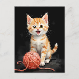 Cartão Postal De Festividades Gatinho Brincalhão com Impressão em Aquarela de Li