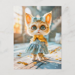 Cartão Postal De Festividades Gatinho com olhos grandes em saia azul e blusa