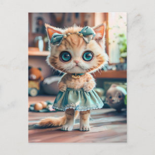 Cartão Postal De Festividades Gatinho com saia azul e laço na cabeça