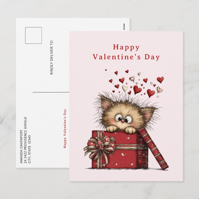 Cartão Postal De Festividades Gatinho de Desenho Animado Fofo com Corações Dia d (Frente/Verso)