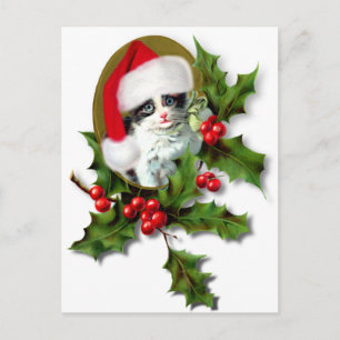 Cartão Postal De Festividades Gatinho de Natal Vintage Estilo Antigo