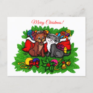 Cartão Postal De Festividades Gatinho e puppy, XMas feliz