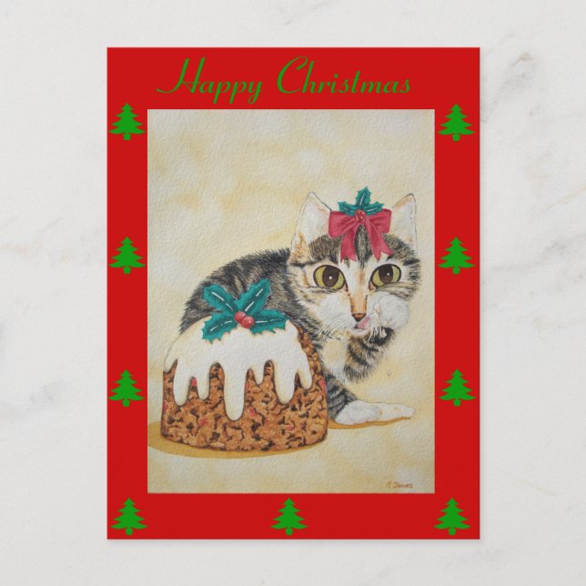 Cartão Postal De Festividades gatinho fofo comendo pudim de gato no natal (Frente)
