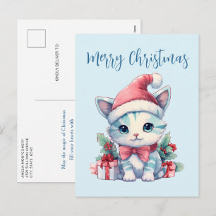 Cartão Postal De Festividades Gatinho Fofo de Chapéu de Papai Noel Natal