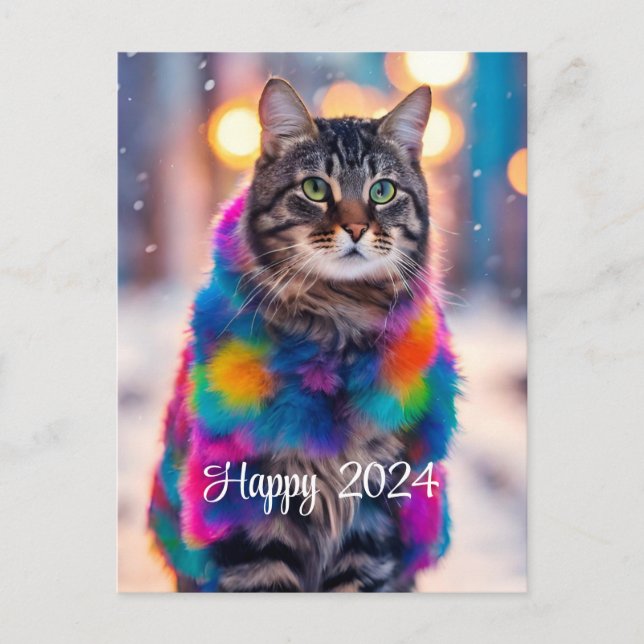 Cartão Postal De Festividades Gatinho Jazzy em pelo casaco - Feliz 2024 (Frente)