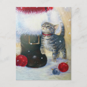 Cartão Postal De Festividades Gatinho na bota do papai noel