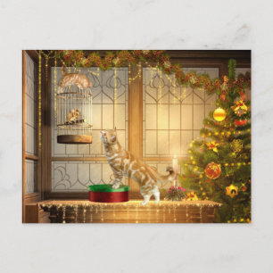 Cartão Postal De Festividades Gatinhos e rato do Natal
