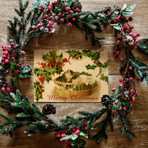 Cartão Postal De Festividades Gatinhos natais vintages dormindo em Berries