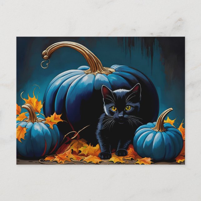 Cartão Postal De Festividades Gatinhos negros e múons azul folhas de outono (Frente)