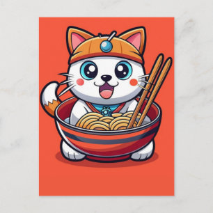 Cartão Postal De Festividades Gato Adorável Desfrutando de um Festim de Macarrão