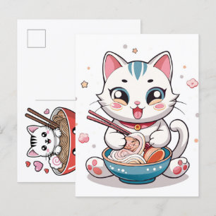 Cartão Postal De Festividades Gato Adorável Desfrutando de um Festim de Macarrão