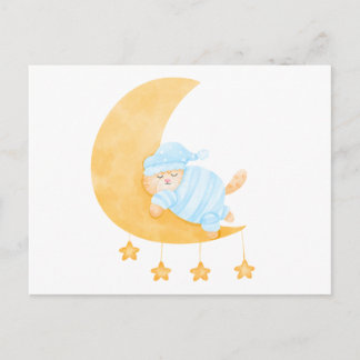 Cartão Postal De Festividades Gato Adormecido em Aquarela Fofa na Lua Crescente