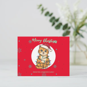 Cartão Postal De Festividades Gato alegre vermelho moderno floco de neve Natal g