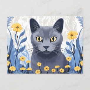 Cartão Postal De Festividades Gato Azul Russo Flores Amarelas
