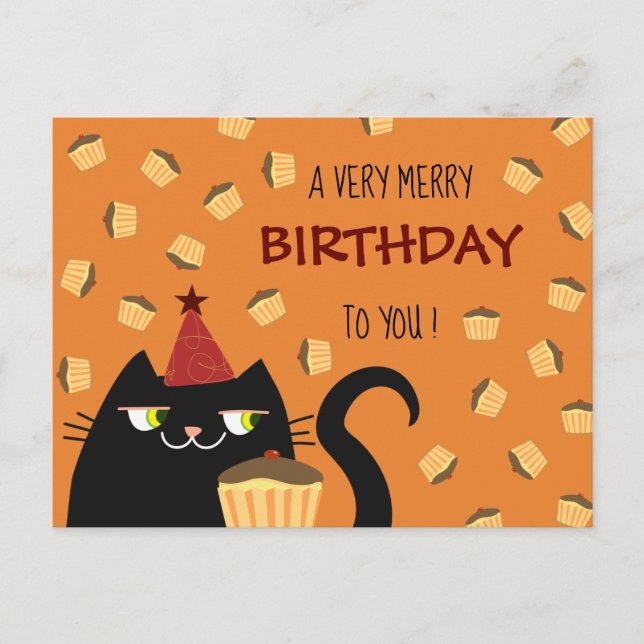 Cartão Postal De Festividades Gato Black Cute Birthday Cake Vibrant Moderno (Frente)