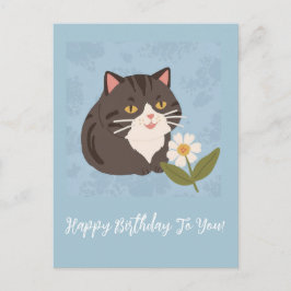 Cartão Postal De Festividades Gato Bonito com Flores Feliz Aniversário Personali