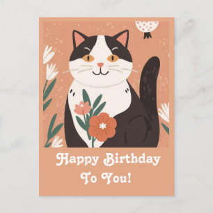 Cartão Postal De Festividades Gato Bonito com Flores Feliz Aniversário Personali