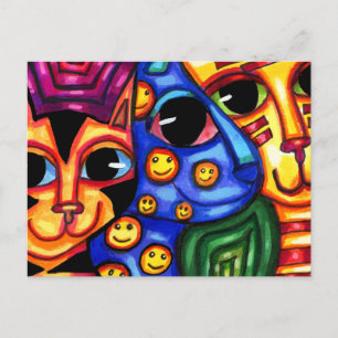 Cartão Postal De Festividades Gato Bonito Enfrenta Arte Animal Colorido