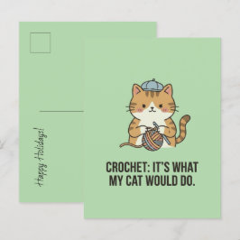 Cartão Postal De Festividades Gato de Crochê com Chapéu Azul e Bola de Fio Desig