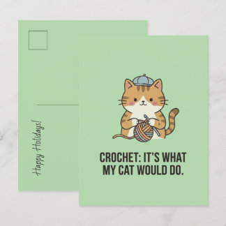 Cartão Postal De Festividades Gato de Crochê com Chapéu Azul e Bola de Fio Desig