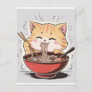 Cartão Postal De Festividades Gato de desenho animado fofo comendo macarrão com 