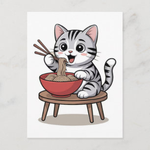 Cartão Postal De Festividades Gato de desenho animado fofo comendo macarrão com