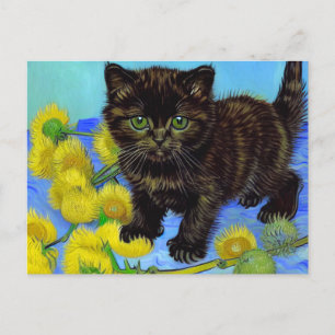 Cartão Postal De Festividades Gato de estilo Van Gogh com Sunflower