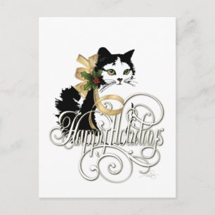 Cartão Postal De Festividades Gato de Férias Preto e Branco