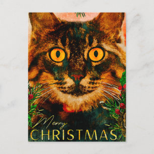 Cartão Postal De Festividades Gato de Galho e Folha de Pinheiro Vintage Feliz Na