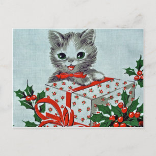 Cartão Postal De Festividades Gato de Gatinho de natais vintages com Presente