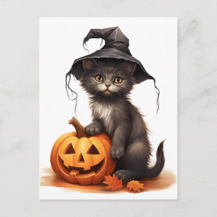 Cartão Postal De Festividades gato de Halloween com abóboras