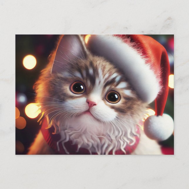 Cartão Postal De Festividades Gato de Natal bonito em chapéu vermelho Papai noel (Frente)