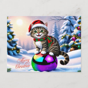 Cartão Postal De Festividades Gato de Natal bonito lá fora