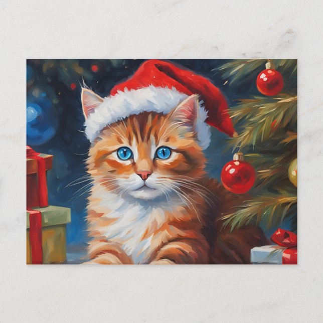 Cartão Postal De Festividades Gato de Natal bonito, ornamentos (Frente)