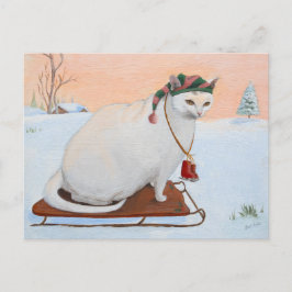 Cartão Postal De Festividades Gato de Natal Branco na neve