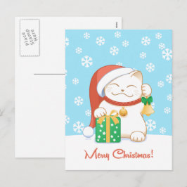 Cartão Postal De Festividades Gato de Natal Branco num Chapéu Vermelho